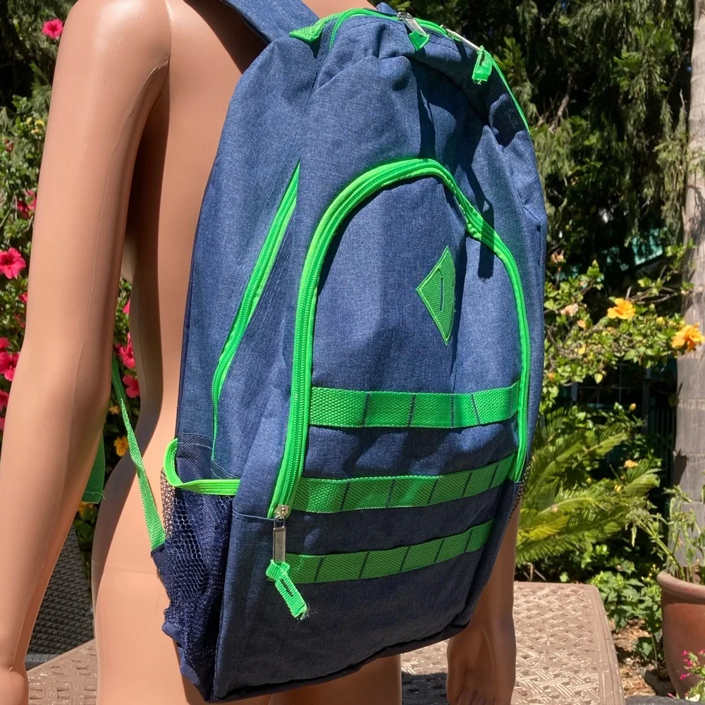 Navy Heather Backpack with Green Trim and Side Pockets New